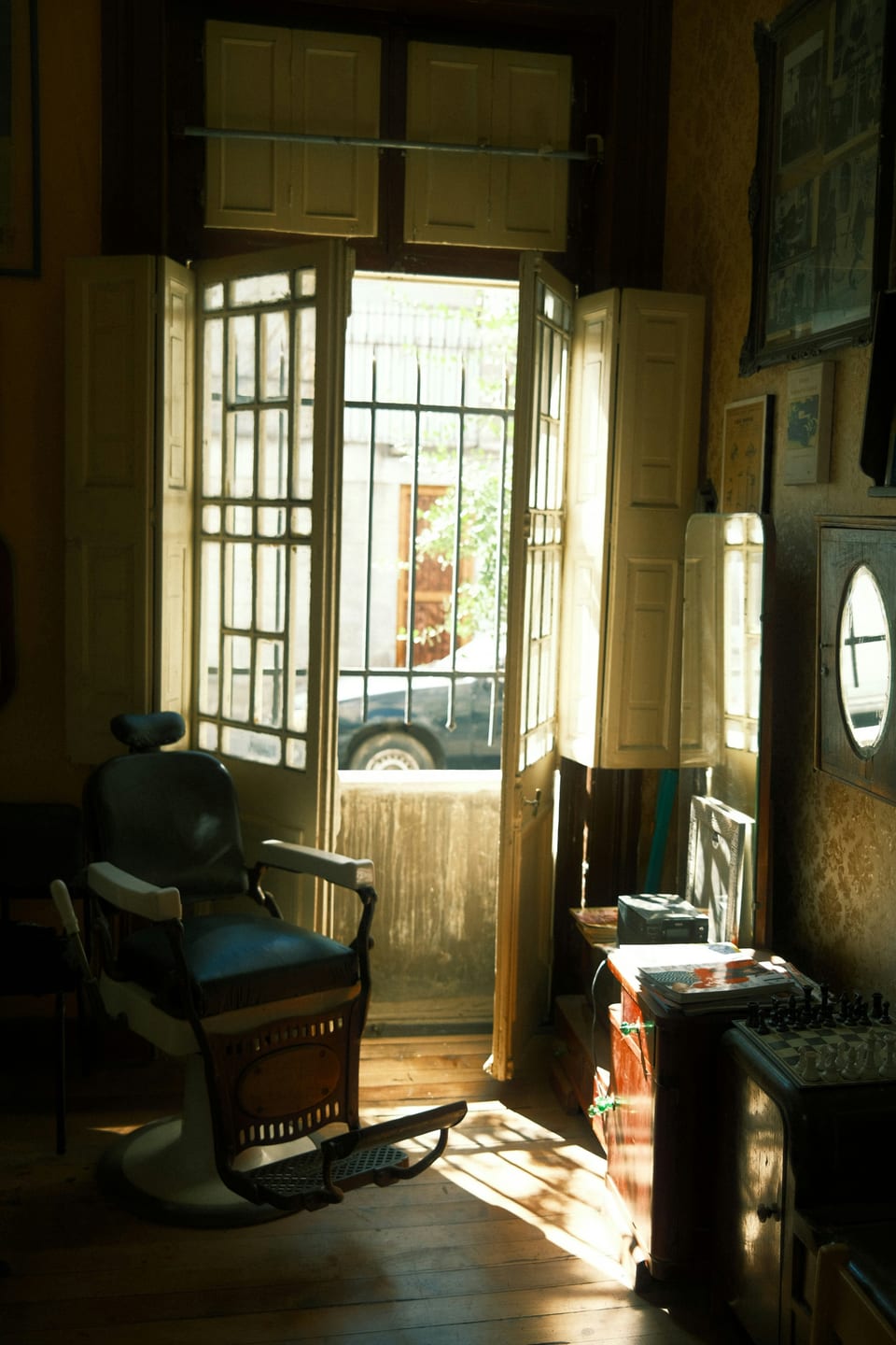 Sunlight across a vintage salon chair