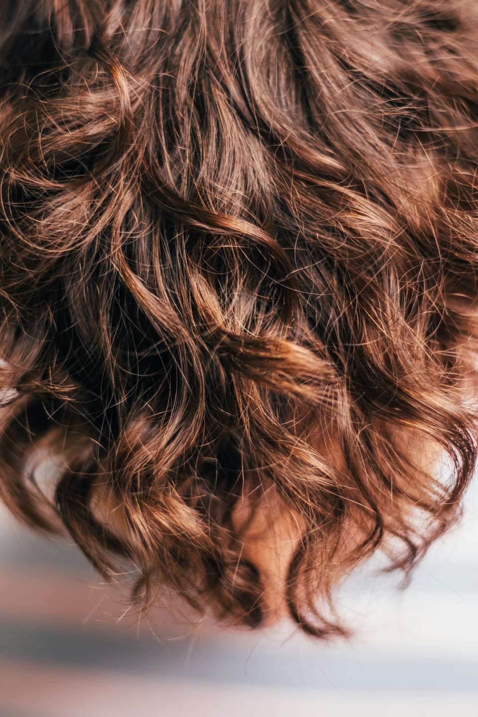 The movement of chestnut curls, seen from behind
